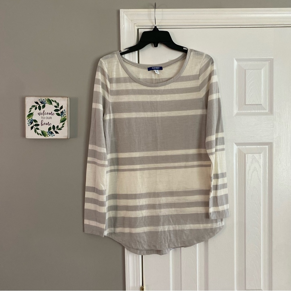 Old Navy Beige Cream Striped Long Sleeve Shirt Medium Basic Neutrals